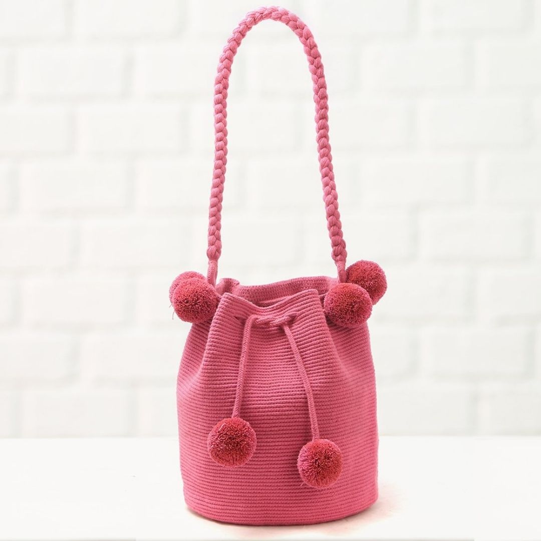 Fair-Trade Bubblegum Pink Pompon Hand-Woven Bag from Colombia